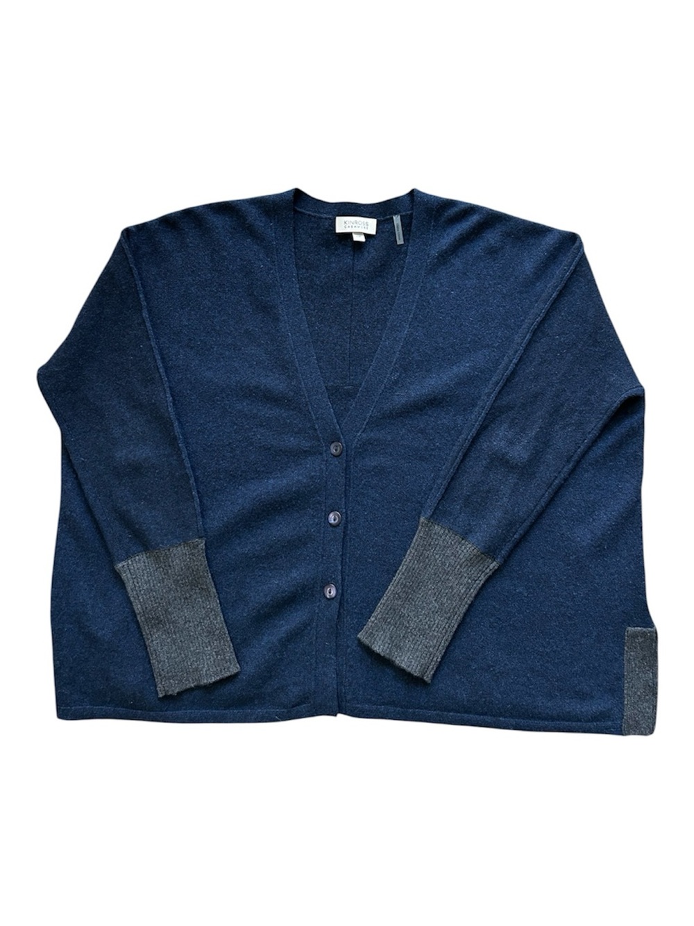 Kinross Navy Cardigan Cashmere V-Neck Button Down Sweater Gray Cuffs Size Small